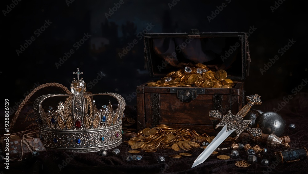 Fototapeta premium subtle depiction of a majestic crown, an open chest filled with riches and a sword, set in a fantasy medieval era