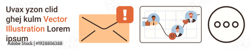 Messaging, notifications, digital communication, social media, networking, connection. An envelope with a notification alert, connected user icons graph and a menu icon. Messaging and notifications