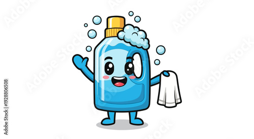 Cute cartoon blue detergent bottle with happy face and towel
