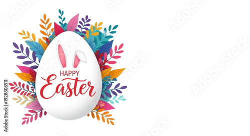 Happy Easter Egg with Bunny Ears and Floral Wreath for Spring Holiday Greeting Cards and Website Banners