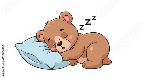Cute cartoon brown bear cub sleeping peacefully on a light blue pillow.