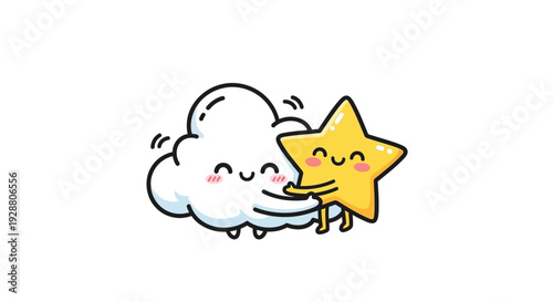 Cute cartoon cloud and star characters embracing warmly