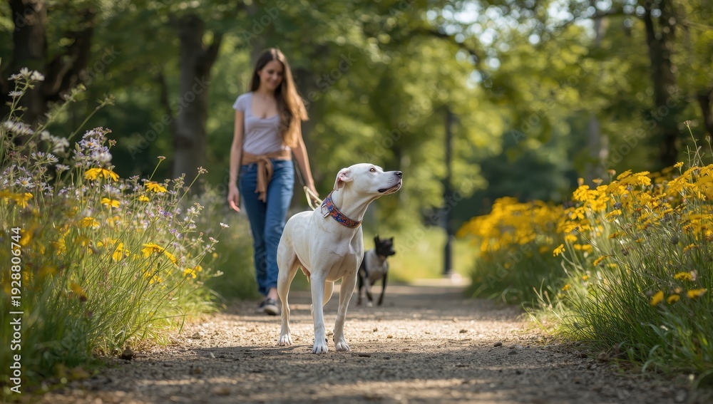 Fototapeta premium A light-colored dog with yellow eyes sits by its owner's legs, gazing up at him, while a girl walks nearby