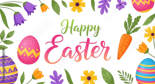 Happy Easter Celebration Background with Eggs, Flowers, and Carrot for Spring Holiday Marketing and Design