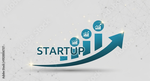Startup business growth chart with upward arrow and icons.
