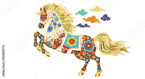 Majestic Ornate Horse Rearing with Vibrant Floral Patterns. Elegant Cultural Art for Festive Design, Branding, and Web.