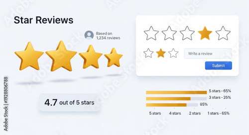 Star reviews rating system for product or service evaluation.
