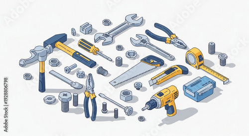 Collection of assorted hand tools and equipment for diy projects and home repair on a white background