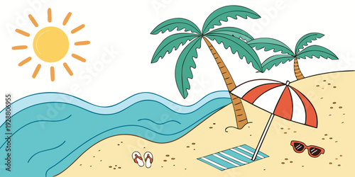 Tropical Beach Summer Scene Flat Vector Illustration