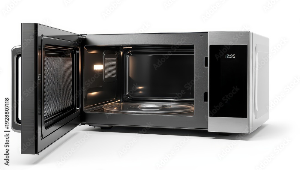 Obraz premium microwave oven ajar on a white backdrop