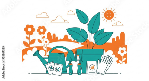 Gardening tools and plant in pot with flowers sun and clouds eco friendly gardening concept