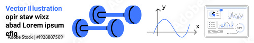 Analytics, fitness tracking, data visualization, research tools, statistical graphs, performance measurement. Blue dumbbells, graph and data dashboard. Data visualization and fitness tracking