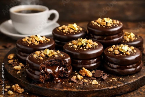 Alfajores with dark chocolate, creamy ganache filling, semisweet coating, topped with walnuts and gold foil