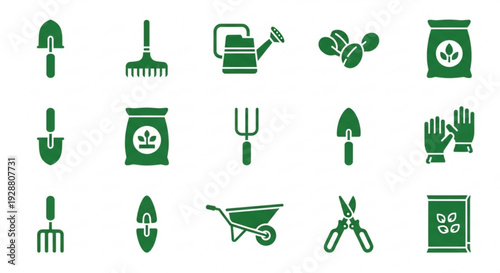 Gardening tools and icons for planting and nurturing including shovels rakes gloves and seeds