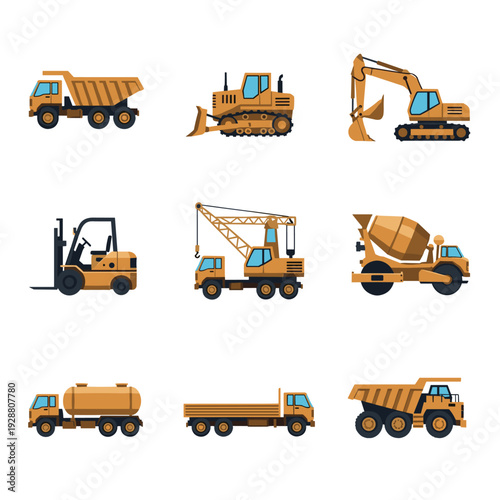 Set of yellow construction trucks vector illustration