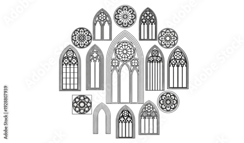 Traditional European Gothic Church Window and Medieval Arch Silhouette Vector Set