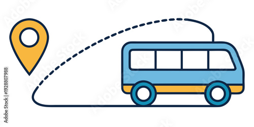 Bus icon with line start point. Bus driving on dotted route with map pin. Vector isolated on white.
