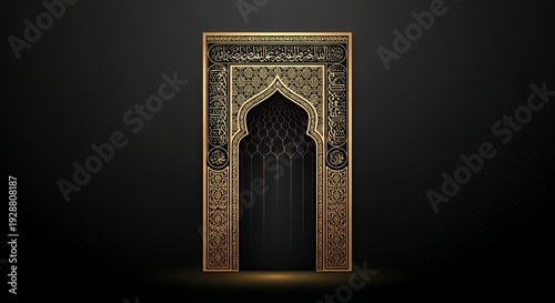 Luxurious golden Islamic arch design featuring detailed Arabic calligraphy and elegant geometric patterns on a sophisticated dark background. Ideal for Ramadan, Eid Mubarak, and religious event