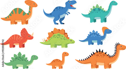 Colorful cartoon dinosaurs vector set with triceratops, stegosaurus, tyrannosaurus and cute prehistoric animal collection