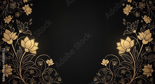 Elegant gold floral pattern on dark background with lotus blossoms and ornate vines ideal for luxury invitations events banners branding