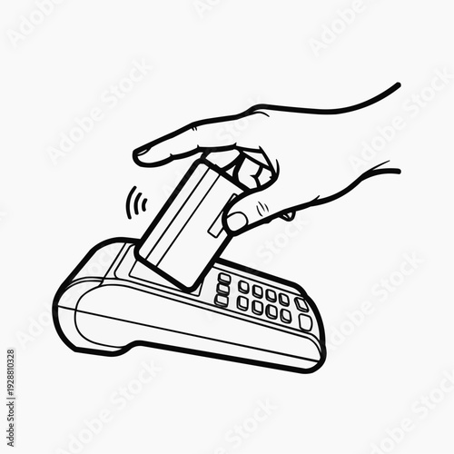 Hand holding credit card reader over card machine with motion on white background