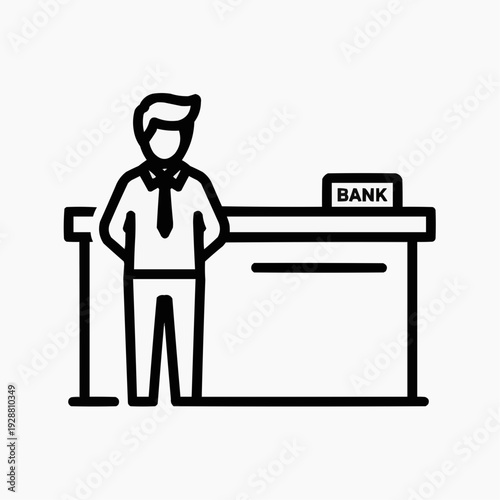Bank teller icon animation standing behind a counter with hands on hips on white background