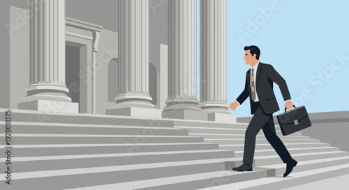 A lawyer walking briskly up grand marble courthouse steps holding a briefcase. Flat vector style, solid colors. Tall classic stone columns in the background.