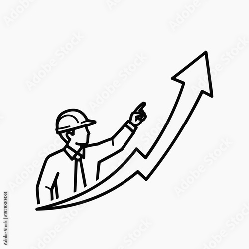 Engineer or architect celebrating success and progress in construction project with upward trending graph and gesture of achievement on white background