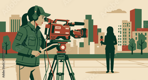 10A field broadcast technician behind a professional broadcast camera mounted on a heavy-duty tripod. They are looking through the viewfinder, filming a silhouetted reporter in the midground. 