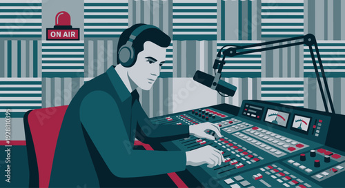 11 A broadcast audio technician with a focus expression adjusting faders on a large sound mixing desk. A vintage-style microphone on a boom arm is positioned nearby. 