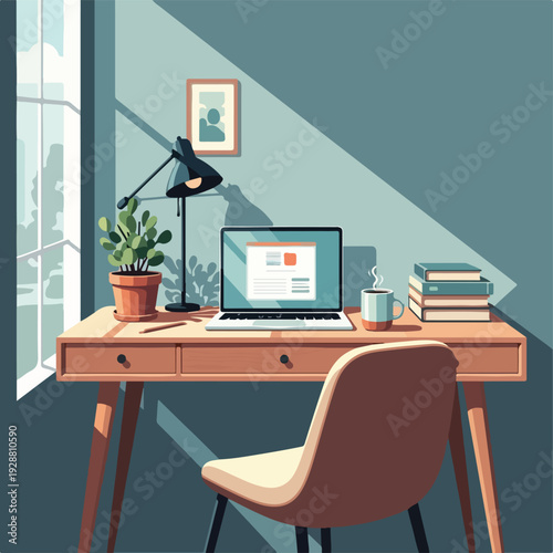 Stylized workspace illustration featuring a laptop, plant, and desk