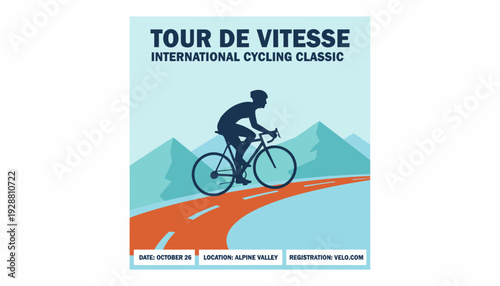 Dynamic poster illustration featuring a lone competitive cyclist on a winding mountain road, perfect for advertising a challenging athletic race or outdoor sporting event