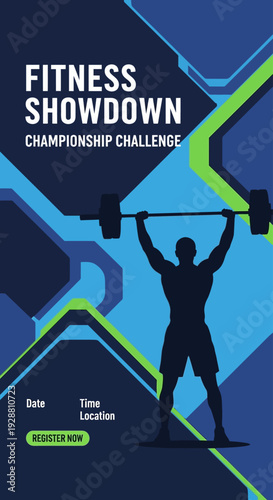 Vibrant vertical poster template for a fitness championship, featuring a powerful weightlifter silhouette and modern geometric design, ideal for promoting a strength challenge event