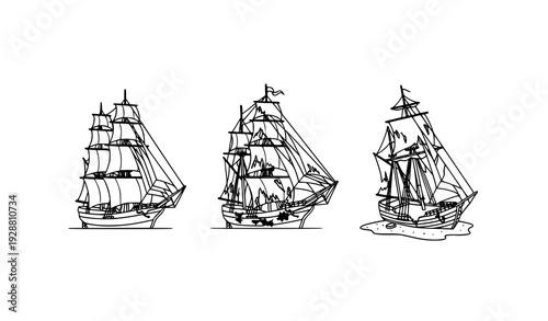 Sailing ship deterioration stages line art vector set