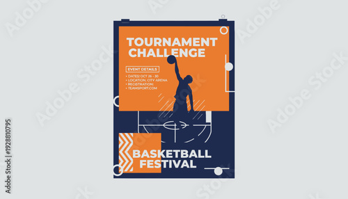 Dynamic flat design vector poster for a thrilling basketball tournament and festival, featuring an athletic player silhouette mid-dunk on a stylized court with geometric elements