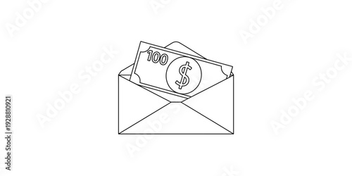 A simple line drawing of an open envelope containing a dollar bill and a coin with a dollar sign. Vector, illustration