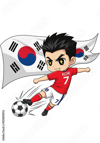 Korean soccer player kicking ball.