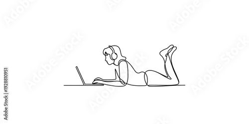 Continuous line drawing of a young woman lying on her stomach using a laptop and headphones. Vector, illustration