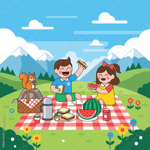 Two children eating watermelon and sandwiches on a blanket with a picnic