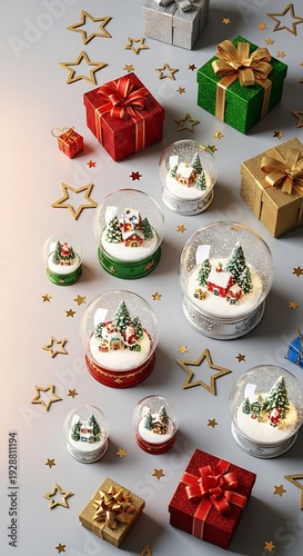 Festive Christmas Flat Lay with Snow Globes, Red and Green Gift Boxes, and Golden Star Decorations