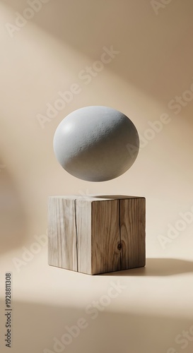 Concrete Sphere Floating Above Wooden Cube Pedestal