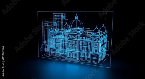 Blue Wireframe Blueprint of Classical Building