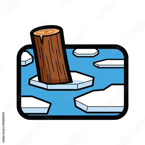 A wooden log stuck in the ice on a frozen lake, viewed from above, surrounded by ice floes and water