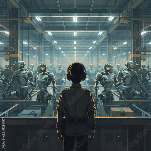 Robot Factory with Boy Avatar Thinking About Job Loss – Automation vs Future of Work Concept