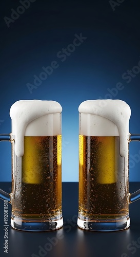 Two Frothy Mugs of Cold Beer Overflowing on Blue