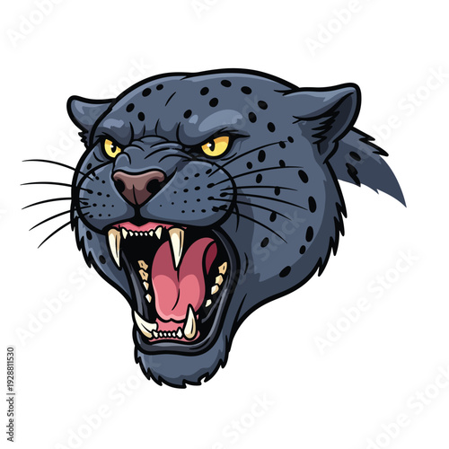Fierce cartoon panther head illustration with sharp teeth and yellow eyes, showcasing aggressive animal behavior and wildlife characteristics