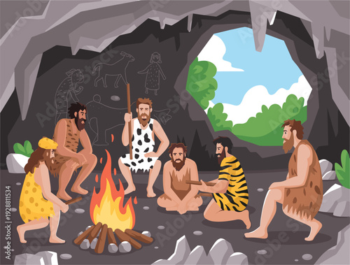 Primitive cavemen sitting around a campfire inside a cave with ancient rock paintings, flat vector