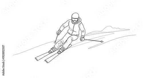 Skier skiing down a snowy slope in a dynamic pose.