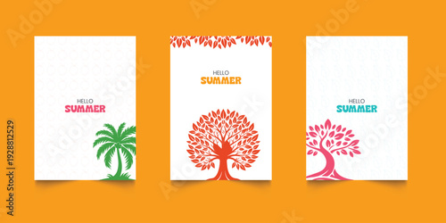 Set of tropical hello summer posters. Beach party flyer templates. Hawaiian backgrounds for greeting card and invitation. Sea sunrise, ocean, palm trees, morning sky
