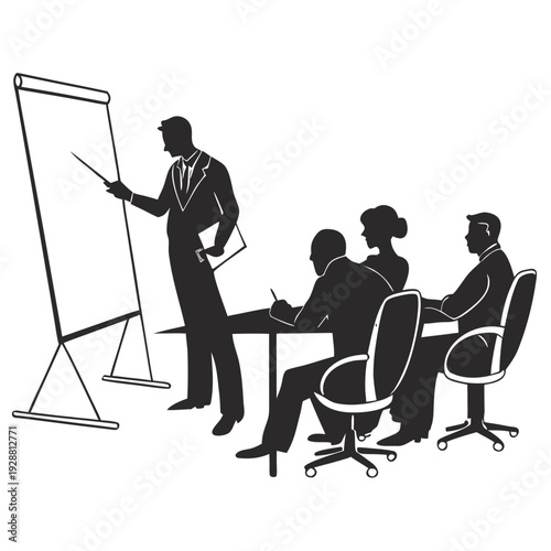 Business Presentation Silhouette with Team Meeting Scene, Manager Explaining Strategy on Flip Chart to Colleagues, Corporate Training and Office Conference Concept Vector